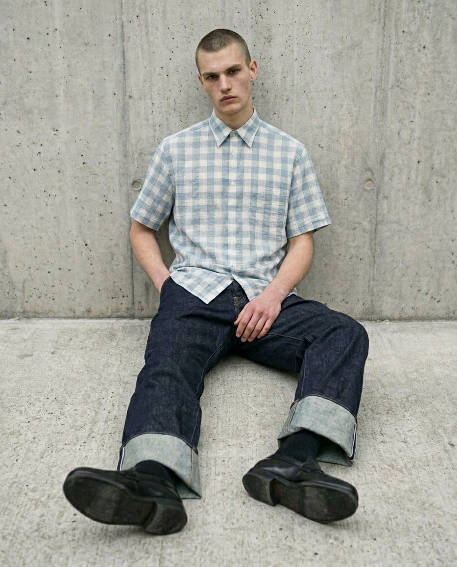 Cejf Oversize SS Mens Shirt - Light Blue Check