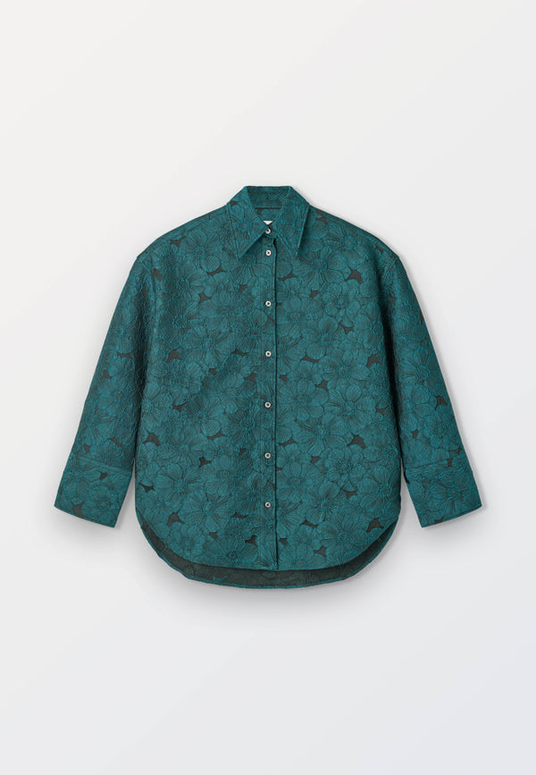 Oversized Women’s Jacquard Shirt  – Green Flower